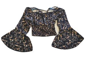 Juniors  Crop Top Small Smocked Dark Floral Bell Sleeve Academia Lightweight